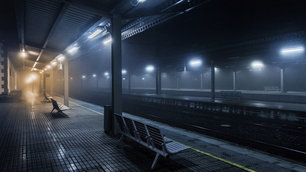 Urban Night Train Station Cold Rain Fog Lights Станция метро в огнях и с туманом от холодного дождя осенью