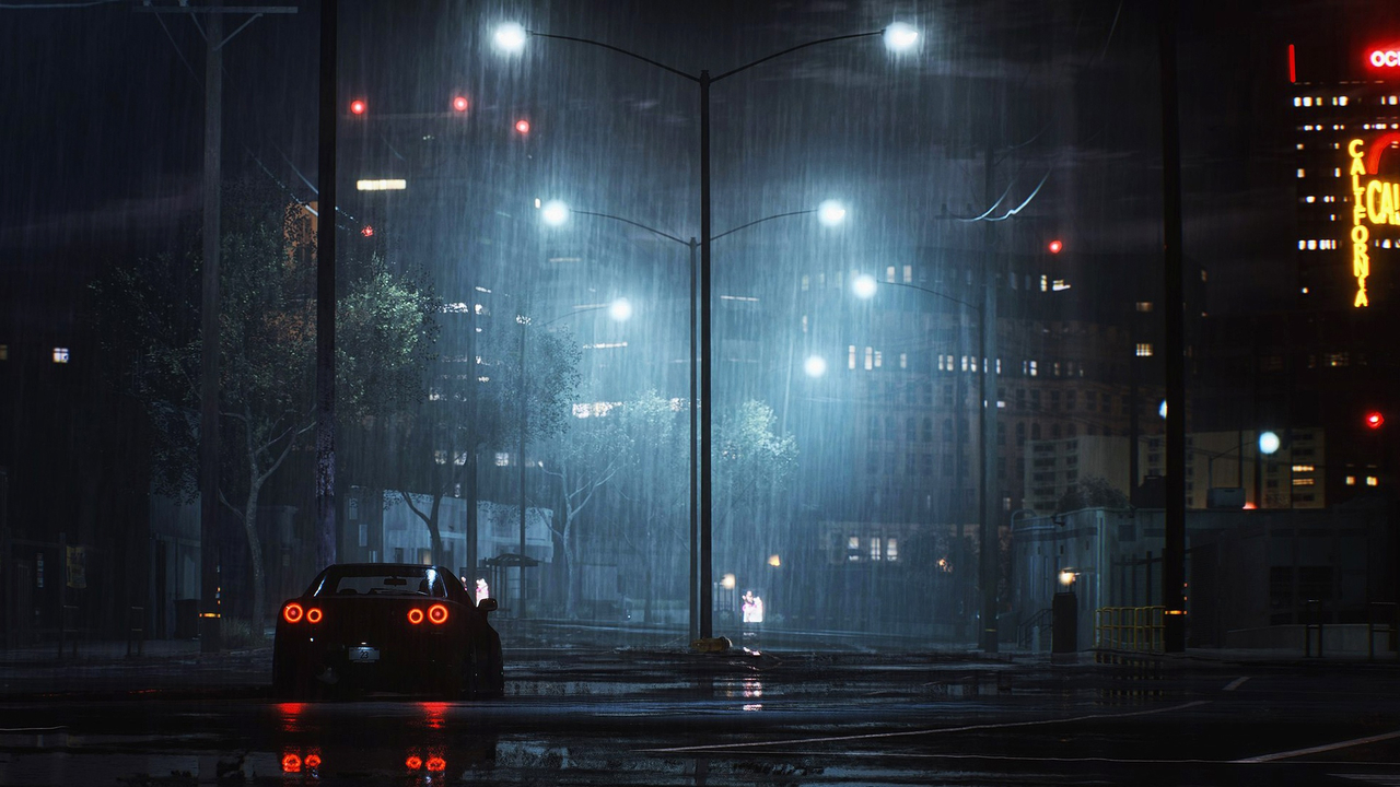 Nissan Skyline R34 Urban Night City Rain Ночной город, стоит машина nissan skyline r34 (ниссан скайлайн 34) на улице под дождем, светят огни фонарей.