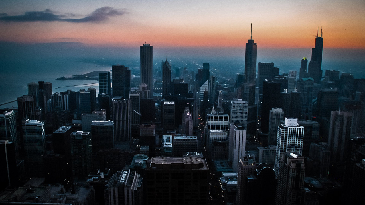 Chicago Cityscape Sunset вид на город Чикаго когда заходит солнце