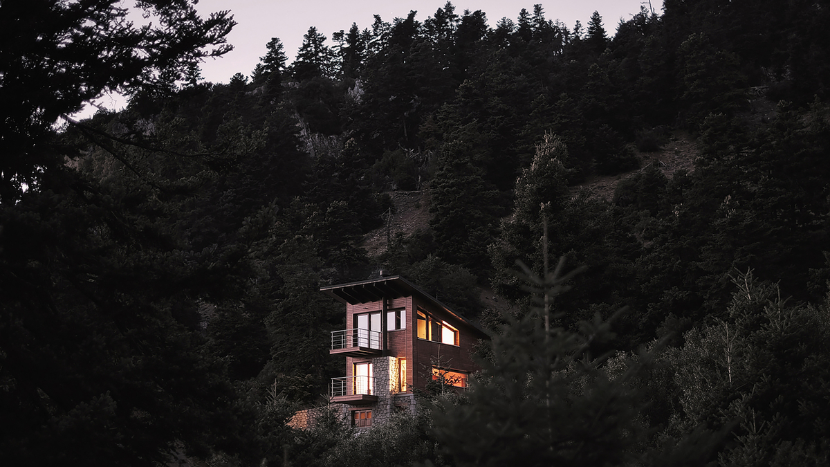 Landscape Forest House Lights Mountains Красивый домик в горах в лесу горят огни окон