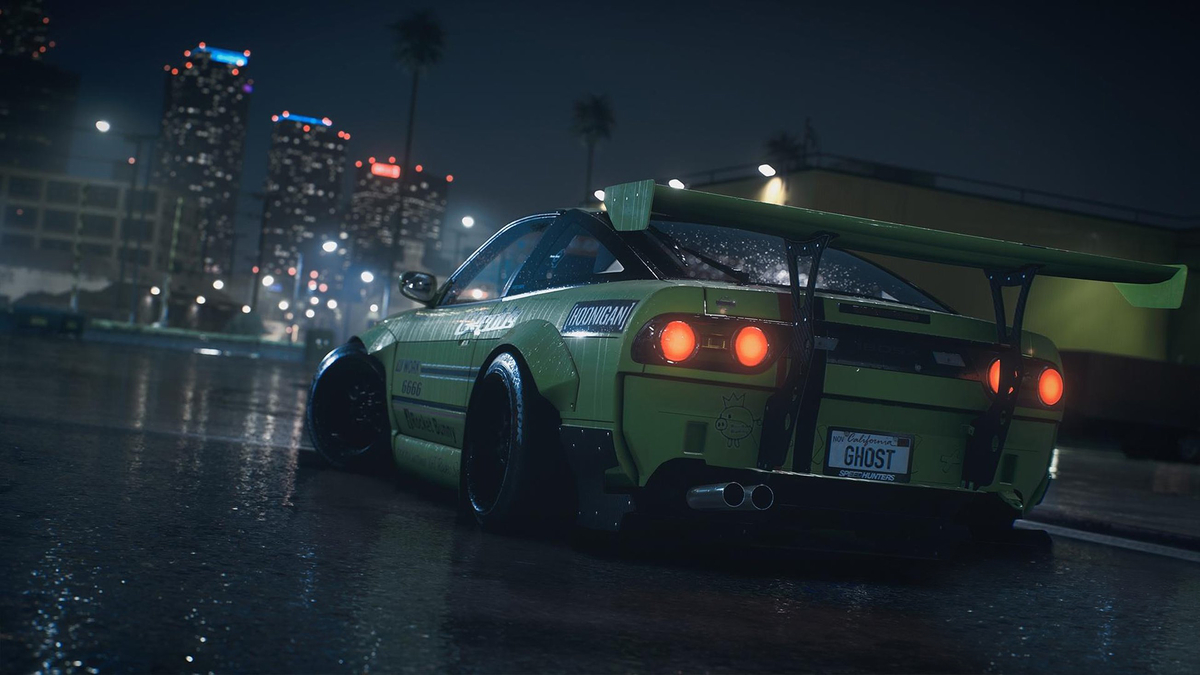 Need For Speed 2015 Car NFS 2016 Night City Rain Крутая тачка стоит под дождем, капли дождя на кузове авто, авто под дождем, digital art