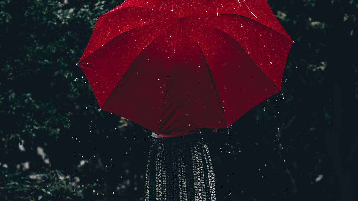 Woman Red Umbrella Rain Forest Девушка стоит под красным зонтом во время дождя в лесу